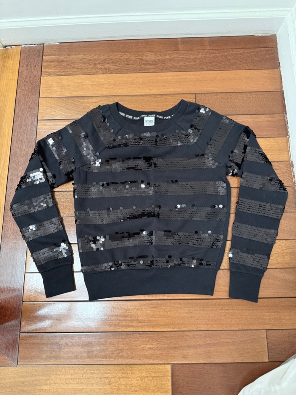 PINK Victoria's Secret Black Sequin Stripe Crewneck Sweatshirt XS